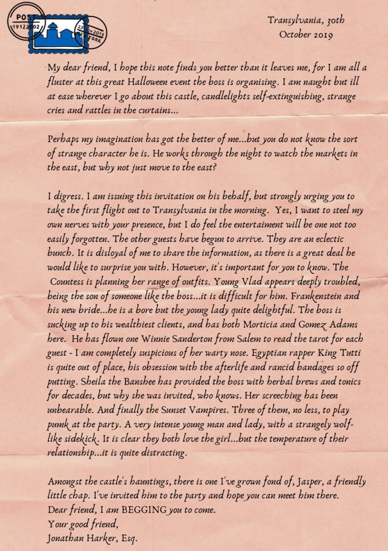 May include: A handwritten letter, dated 30th October 2019, with a postage stamp and postmark. The letter invites the reader to a Halloween event in Transylvania, mentioning various guests and the host's unusual behaviour and the event's details.