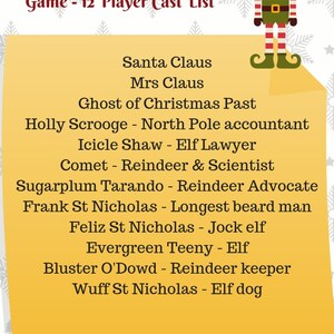May include: A yellow note with a list of characters for a Christmas murder mystery game. The title is "Who Killed Santa's Elf?" and the list includes characters like Santa Claus, Mrs. Claus, and Holly Scrooge.