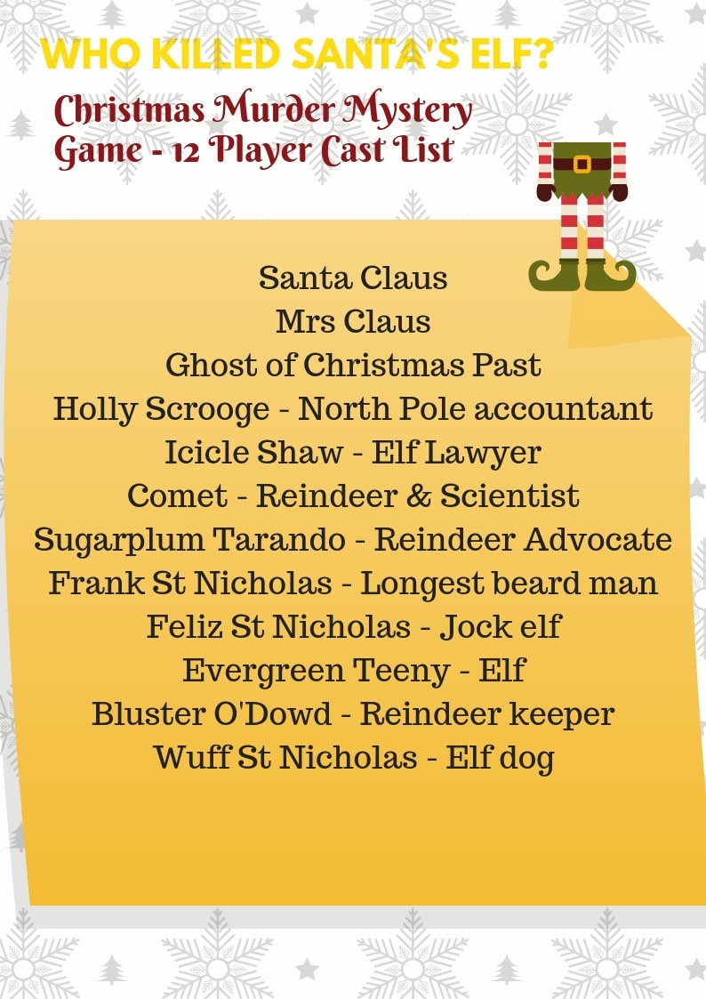 May include: A yellow note with a list of characters for a Christmas murder mystery game. The title is "Who Killed Santa's Elf?" and the list includes characters like Santa Claus, Mrs. Claus, and Holly Scrooge.