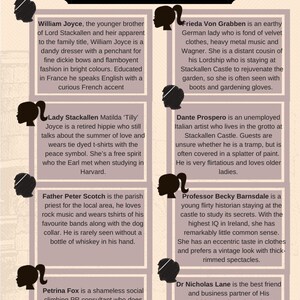May include: A colorful illustration of 10 character suggestions for a story or game. Each character is depicted with a simple illustration and a brief description of their personality and background.