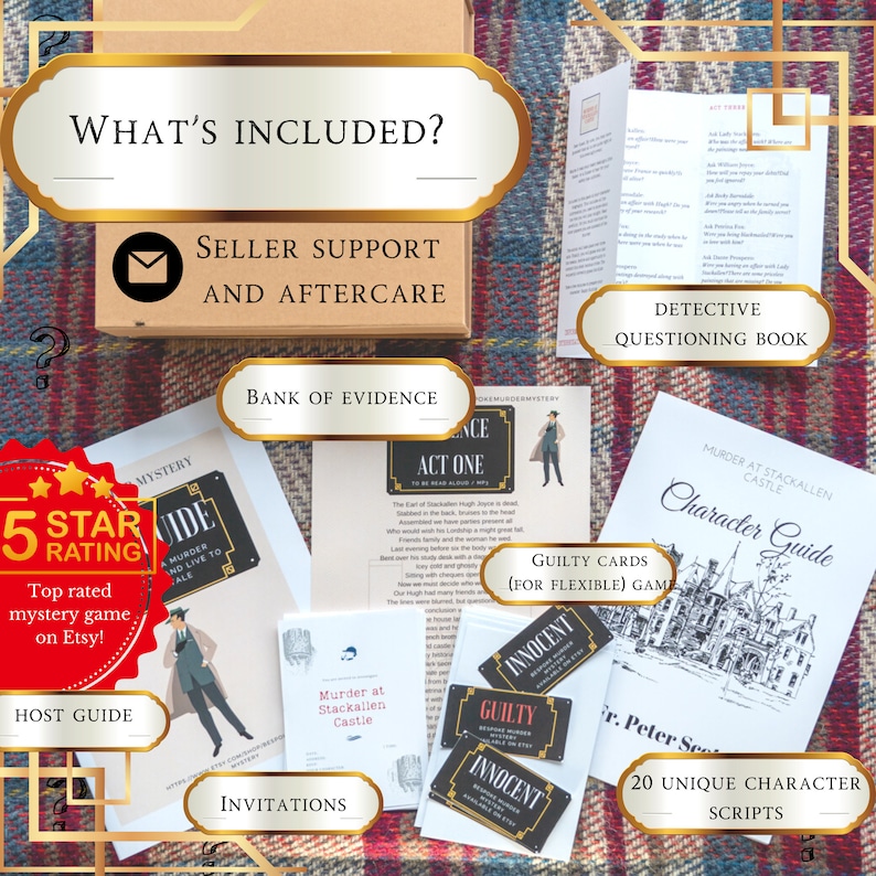 May include: A murder mystery game set with a brown box, a host guide, a bank of evidence, invitations, character guide, detective questioning book, and guilty cards. The game is rated 5 stars and is called "Murder and Live to Tell".