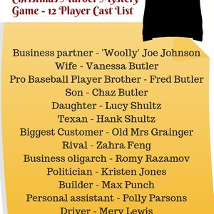 May include: A yellow sticky note with the text "Murder at the Christmas Party" and a list of 12 characters for a Christmas murder mystery game. The characters include a business partner, wife, pro baseball player brother, son, daughter, Texan, biggest customer, rival, business oligarch, politician, builder, personal assistant, and driver.