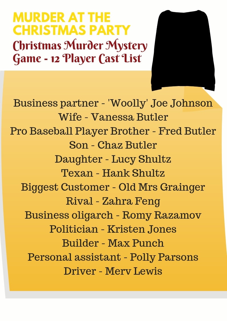 May include: A yellow sticky note with the text "Murder at the Christmas Party" and a list of 12 characters for a Christmas murder mystery game. The characters include a business partner, wife, pro baseball player brother, son, daughter, Texan, biggest customer, rival, business oligarch, politician, builder, personal assistant, and driver.