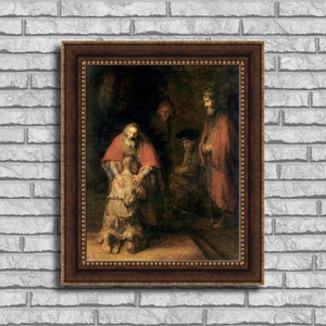 May include: A painting depicting a scene from the Bible, with a man kneeling and being embraced by another man with a long beard. The painting is set in a dark room with other figures in the background.