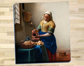 May include: A woman in a blue and yellow dress pours milk from a pitcher into a bowl on a table with bread and other food. The scene is set in a kitchen with a window in the background.