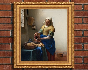 May include: A painting of a woman in a blue and yellow dress pouring milk from a pitcher into a bowl. The woman is standing in a kitchen with a window in the background. There is a basket of bread on the table.