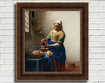 May include: A painting of a woman pouring milk into a bowl. She is wearing a blue and yellow dress and a white cap. The painting is set in a kitchen with a window in the background.