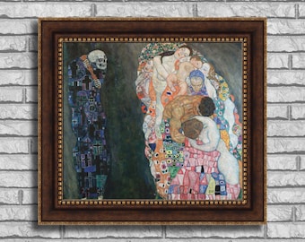 May include: A framed painting depicting a group of people with a skeletal figure standing to the left. The people are arranged in a circular formation, with the skeletal figure looking towards them. The painting is done in a colorful style with a mosaic-like pattern.