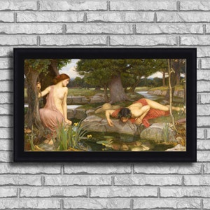 John William Waterhouse &quot;Echo and Narcissus&quot; Framed Canvas Giclee Print (MD370-70 Black Finish) - Free Shipping