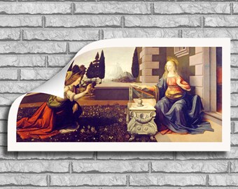 May include: A painting depicting the Annunciation, a scene from the Christian Bible. The painting features two figures, one kneeling and the other seated. The kneeling figure is an angel with wings, wearing a red robe and holding a lily. The seated figure is the Virgin Mary, wearing a blue robe and a gold crown. The painting is set in a garden with a stone building in the background.
