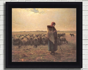 Jean-Francois Millet "Shepherdess with her flock" Framed Canvas Giclee Print (MD370-70 Black Finish) - Free Shipping