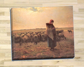 Jean-Francois Millet "Shepherdess with her flock" Gallery Wrapped Canvas Giclee Print (Stretched-Border) - Free Shipping