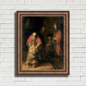 May include: A painting depicting a scene from the Bible, with a man in a red robe embracing a kneeling man. The painting is set in a dark room with other figures in the background.