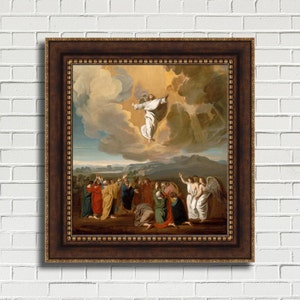 May include: A framed painting depicting a religious scene of Jesus ascending to heaven, surrounded by clouds and angels.  Below, a group of people look up in awe.