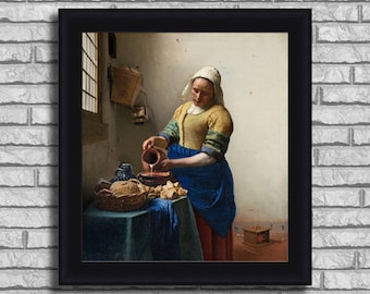 May include: A painting of a woman in a blue and yellow dress pouring milk into a bowl. The woman is standing in a kitchen with a window in the background. The painting is framed in black.