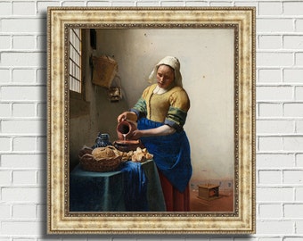 May include: A painting of a woman in a blue and yellow dress pouring milk from a pitcher into a bowl. The woman is standing in a kitchen with a table and a basket of bread in the background.
