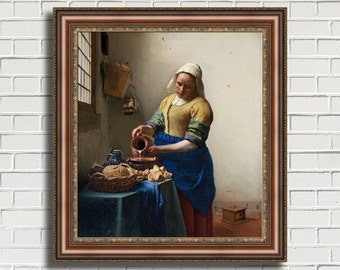 May include: A painting of a woman in a blue and yellow dress pouring milk into a bowl. The woman is standing in a kitchen with a wooden table and a basket of bread.