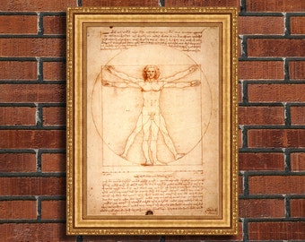 Leonardo da Vinci "The Vitruvian Man" Framed Canvas Giclee Print (MD535-01 Gold Finish) - Free Shipping