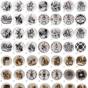 Door Knobs in Alice in Wonderland Designs in Ceramic Black & White and Colour Illustrations for Cupboard Kitchen Cabinet Drawer Pulls Knobs