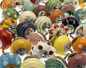 Ceramic Door Cupboard Knobs Hand Painted Patterns and Multi Colours Set of 6