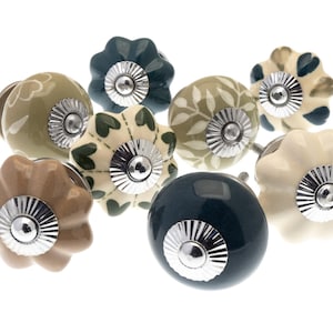 Hand Painted Ceramic Door Knobs: Vintage Style, Cream, Green, and Natural - Set of 8