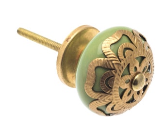 Ceramic Door Knobs Vintage Style Moroccan Brass Fretwork in Green