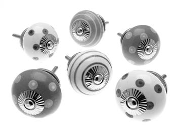Gray Ceramic Cabinet Knobs - Polka Dot or Striped Dresser Drawer Pulls - Chic Home Decor
