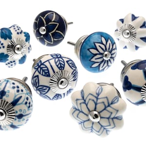 Boutons de porte en céramique peints à la main : turquoise et bleu cobalt, ensemble de 8