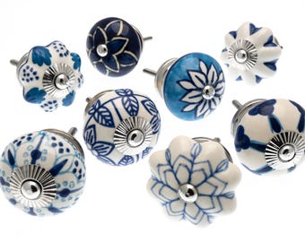 Hand Painted Ceramic Door Knobs: Turquoise & Cobalt Blue, Set of 8