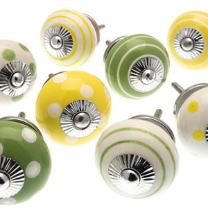 Ceramic Drawer Knobs - Polka Dot & Striped Cabinet Pulls - Green, Yellow, White - Furniture Hardware