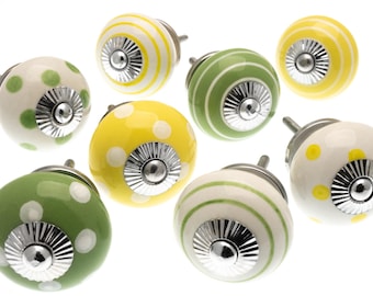 Ceramic Drawer Knobs - Polka Dot & Striped Cabinet Pulls - Green, Yellow, White - Furniture Hardware