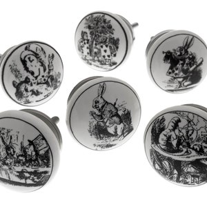 Ceramic Cupboard Door Knobs - Alice in Wonderland (Set of 6) Black and White Cabinet Pull for Dresser or Cupboard to add a unique touch