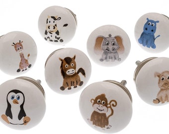 Ceramic Door Knobs 'Exclusive' Animal Childrens Nursery Bedroom Set of 8 Cupboard Knobs