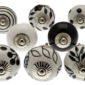 Hand Painted Ceramic Cupboard Knobs: Black and White Floral Drawer Pulls, Set of 8