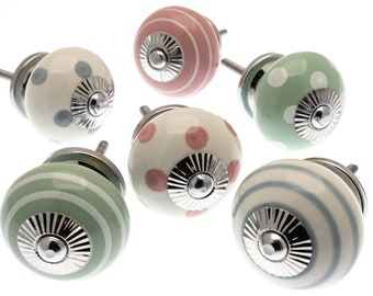 6er Set Keramik Schrankknöpfe in Pastell Grün, Rosa und Grau mit Weißen Punkten und Streifen