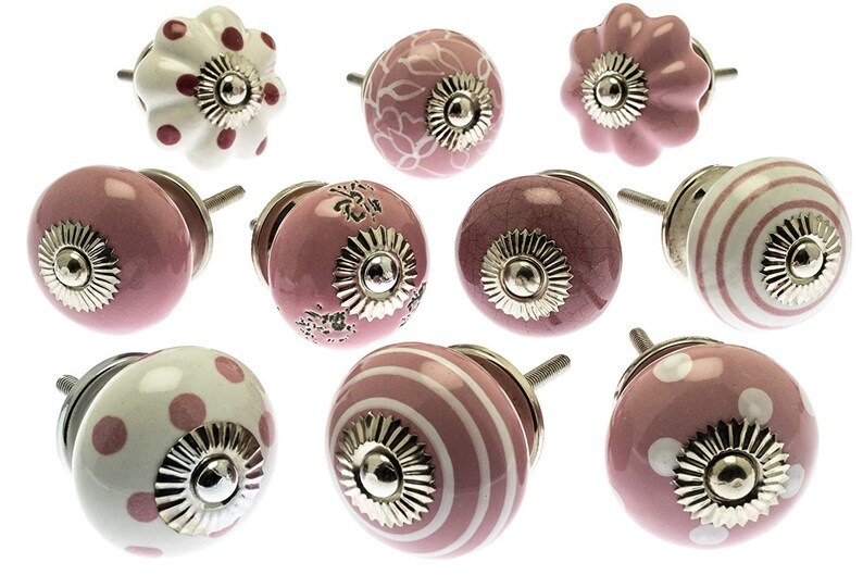 Ceramic Cupboard Door Knobs in Pink and White Hand Painted Etsy