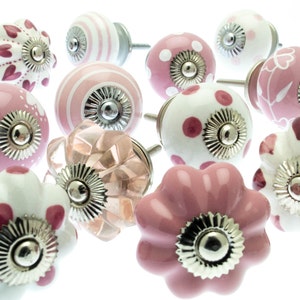 Ceramic Door Knobs in Various Pink and White Hand Painted Designs with Pale Pink Glass Knob (Set of 12)
