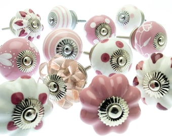 Pink Ceramic Drawer Knobs - Shabby Chic Cabinet Pulls, Floral Furniture Hardware