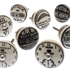 Vintage Label Ceramic Door Knobs - Black and White - Set of 8