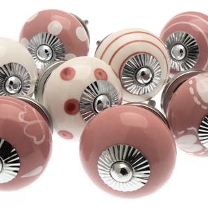 Pink and White Ceramic Hand Painted Cupboard Knobs with Silver Fittings - Set of 8