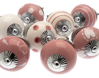 Pink and White Ceramic Hand Painted Cupboard Knobs with Silver Fittings - Set of 8