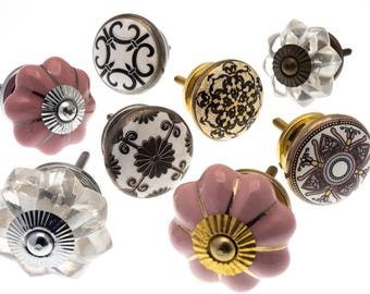 Vintage Style Ceramic Door Knobs: Pink, Lilac, Gold, Mosaic Designs - Set of 8