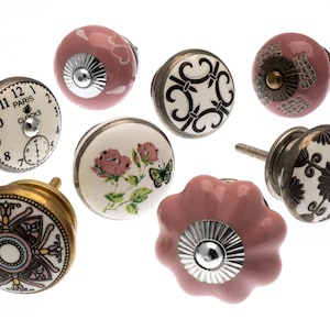 Ceramic Cupboard Knobs: Hand Finished Clock & Flower Designs, Set of 8