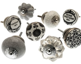 Ceramic Door Knobs in Neutral Shades of Black, White, Grey and Silver - Set of 8 - Get the latest look for your old cupboard or dresser