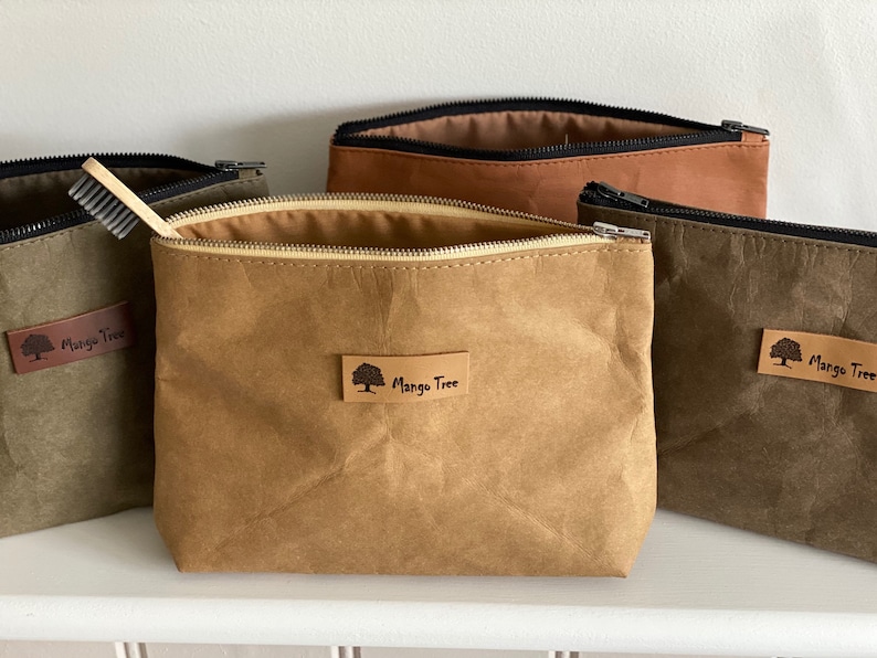 Borsa per cosmetici, borsa per il lavaggio, custodia lavabile con cerniera in carta kraft, borsa da viaggio per articoli da toeletta, eco-friendly, in pelle vegana, impermeabile, regalo sostenibile immagine 1