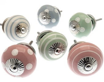 Ceramic Cabinet Knobs - Pastel Polka Dot & Striped Dresser Drawer Pulls - Decorative Furniture Hardware