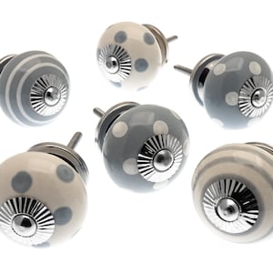 Ceramic Cupboard Knobs: Whisper Grey Dots and Stripes, Set of 6