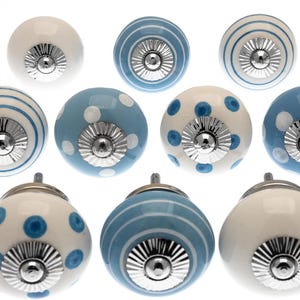 Ceramic Cabinet Knobs - Blue & White Polka Dot or Striped Dresser Pulls - Furniture Hardware image 3