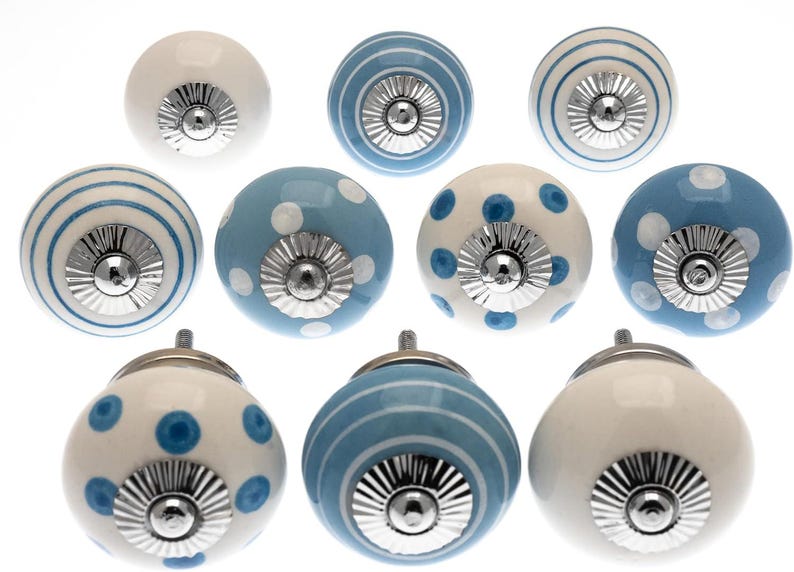 Ceramic Cabinet Knobs - Blue & White Polka Dot or Striped Dresser Pulls - Furniture Hardware image 3