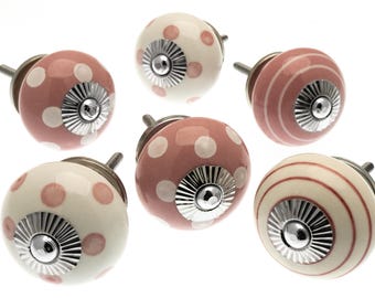Boutons de commode en céramique - Poignées roses à pois ou à rayures - Quincaillerie pour meubles
